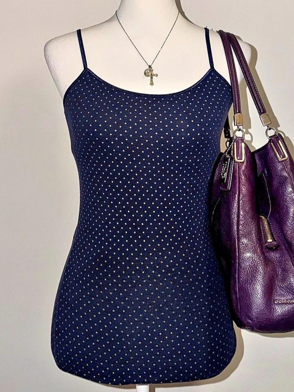 2000s vintage style 2012 aeropostale fitted navy blue polka dot cami tank top